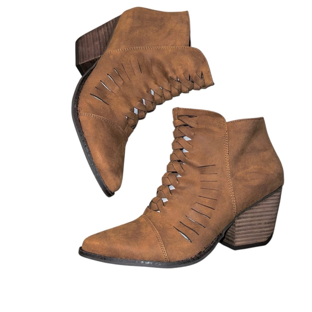 Coconuts by Matisse Brown Booties Ally Saddle Braided Cut-outs Side Zip 3” Heel